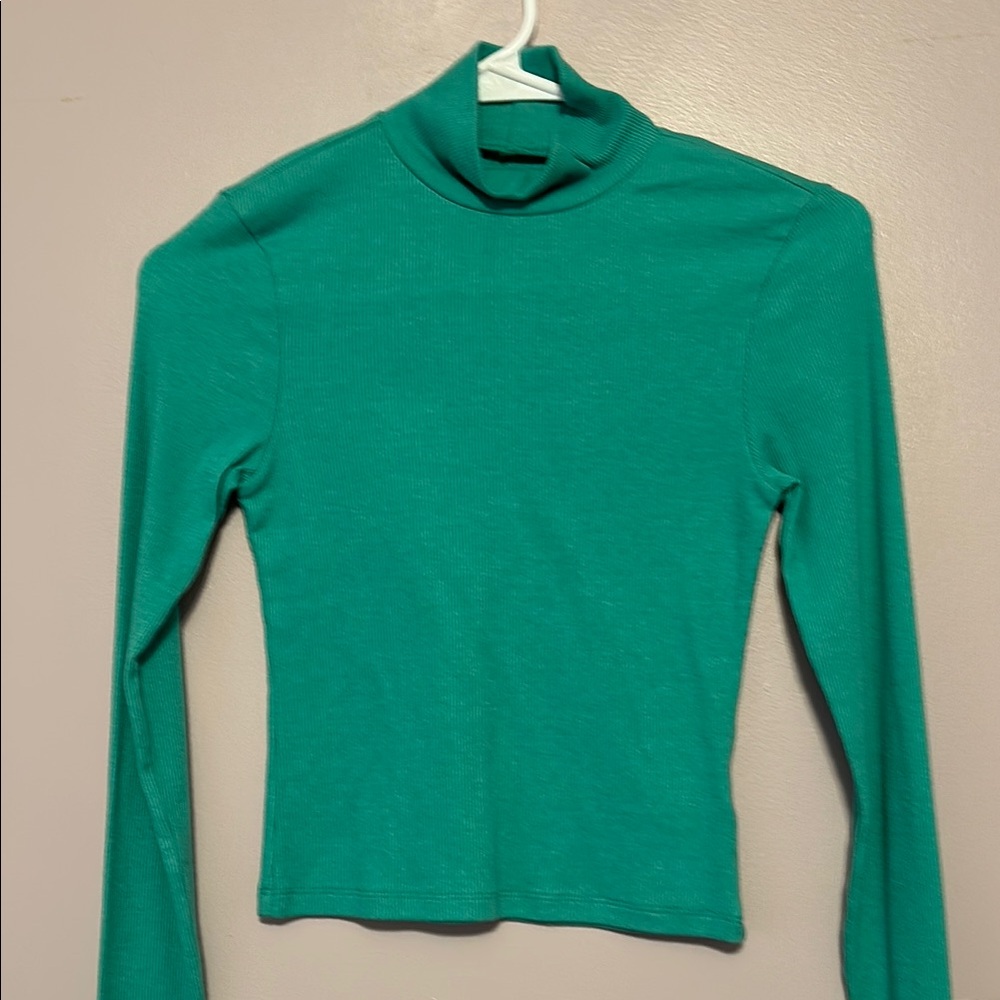 Turquoise Green Turtleneck Long Sleeve Top